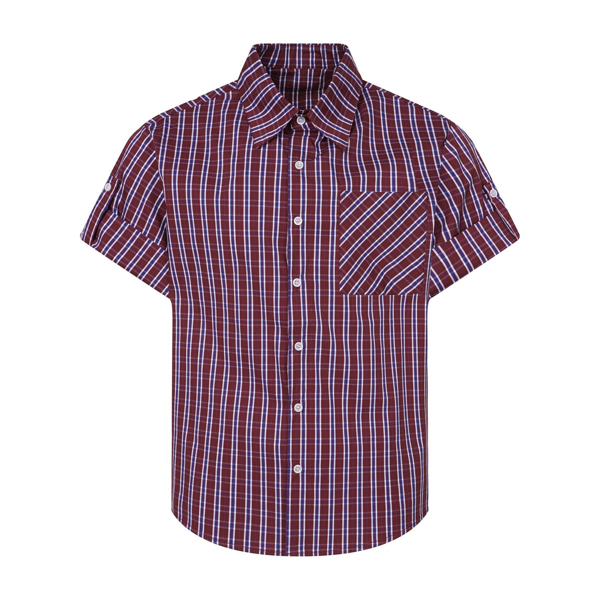 Burgundy plaid short-sleeve button-up shirt with chest pocket and roll-up sleeve tabs, front flat view