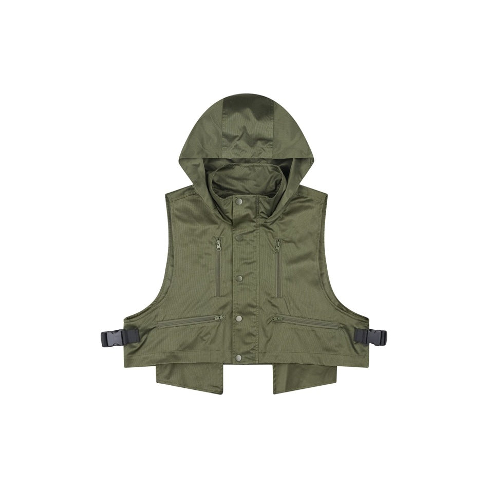 Green hooded utility vest flat lay with snap front, zippered pockets and black side buckles