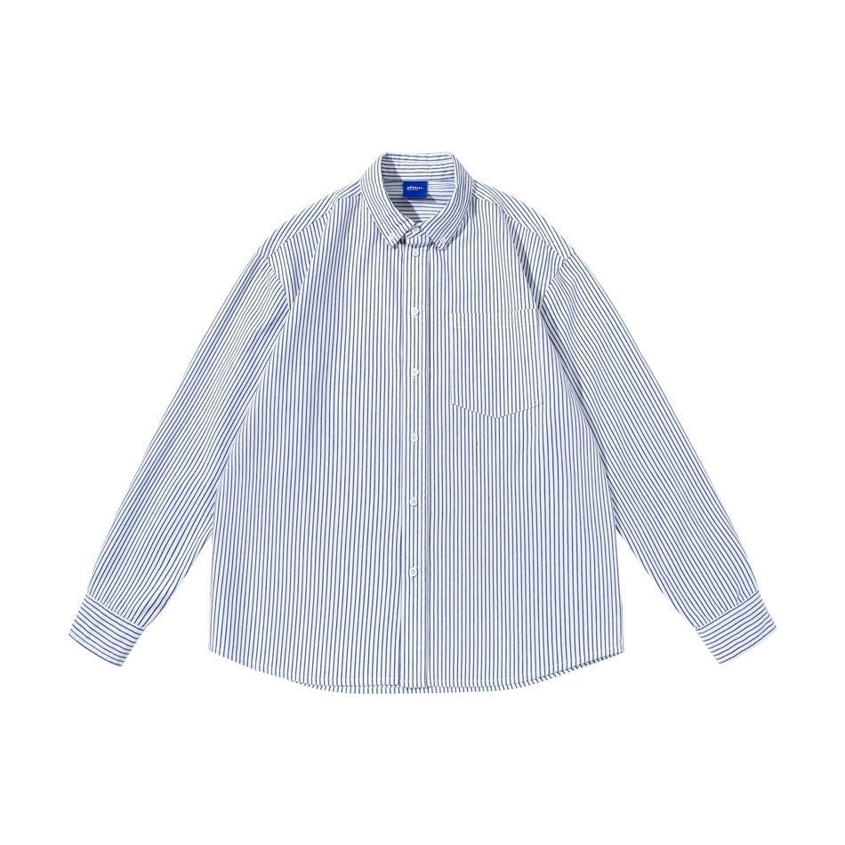 Blue and white striped long-sleeve button-down shirt with chest pocket, flat lay front view on white background