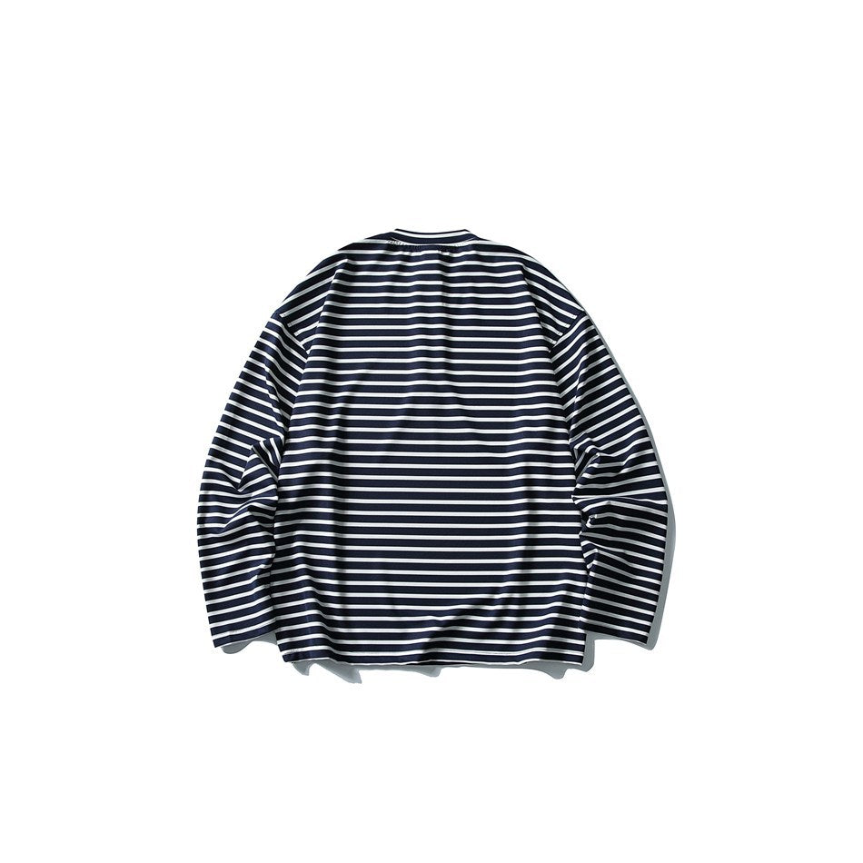 Back view of navy and white striped long-sleeve top with a crew-style back neckline, flat lay
