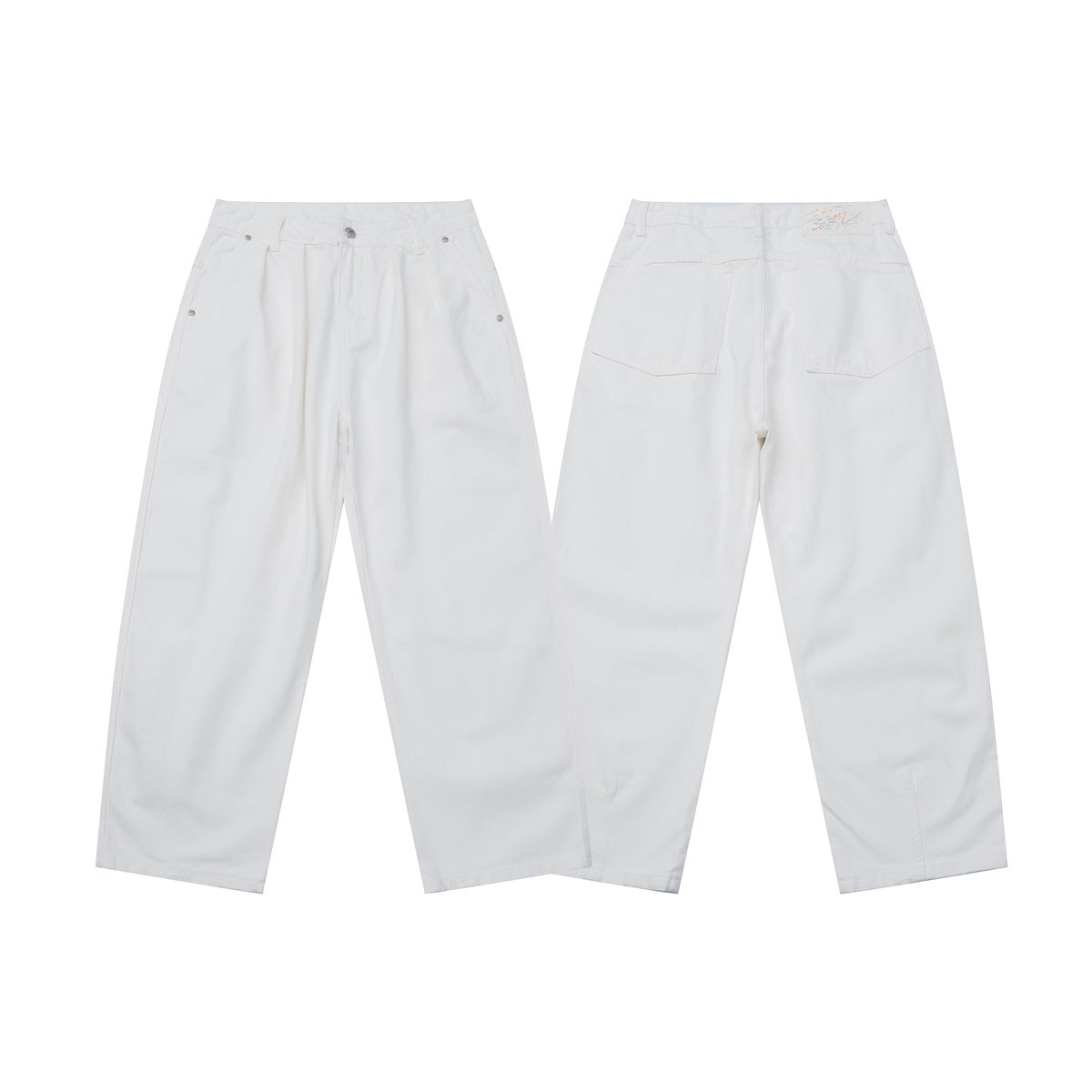 White trousers shown from the front and back, with straight wide legs and front and rear pockets.
