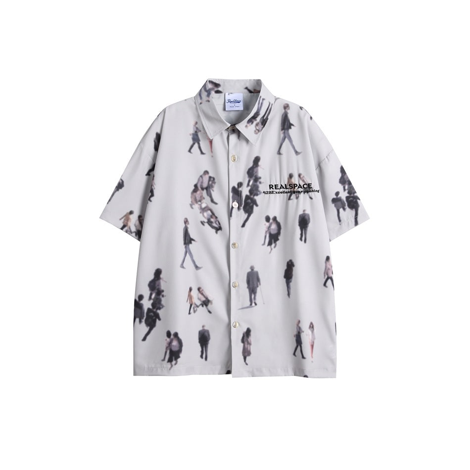 Gray short-sleeve button-up shirt with all-over blurred pedestrian print, flat front view