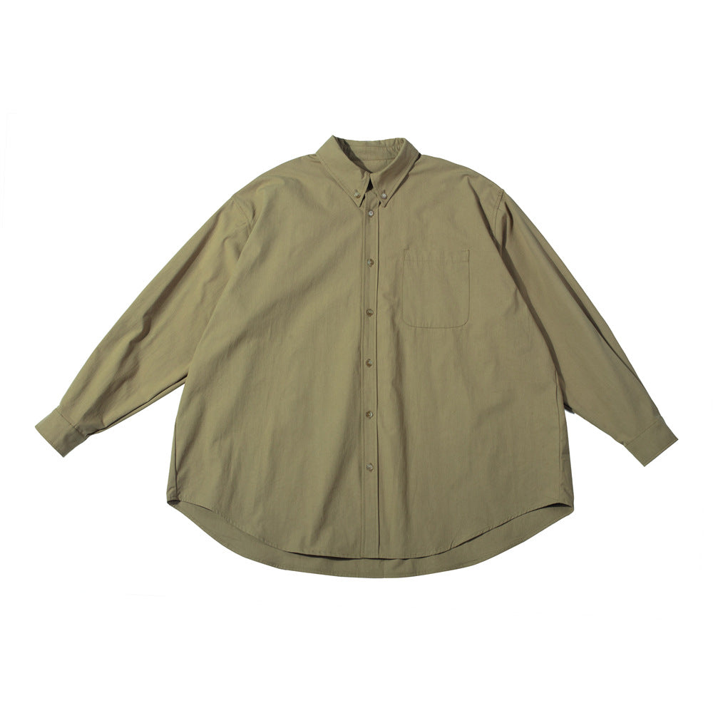 Dark khaki olive oversized long-sleeve button-down shirt with chest pocket, flat lay on white background