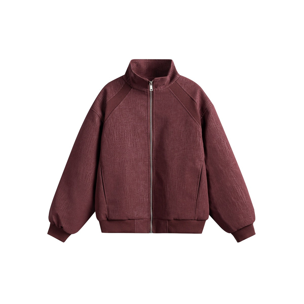 Burgundy red textured stand-collar zip jacket with ribbed shoulder panels, cuffs and hem, flat front view