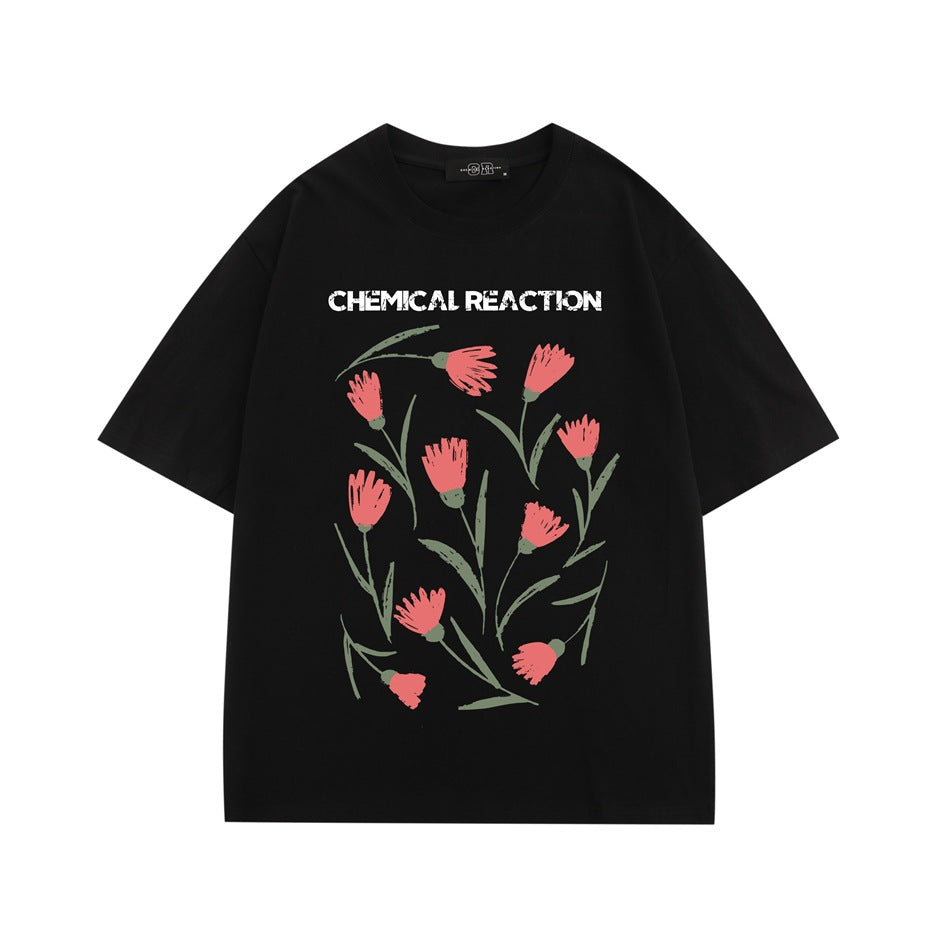 Black short-sleeve crew-neck T-shirt with pink tulip print and CHEMICAL REACTION lettering, front view