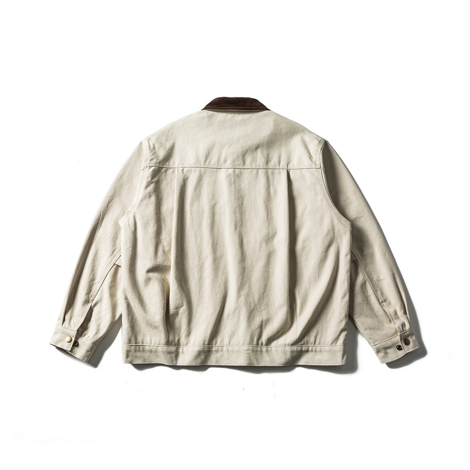 Back view of an off-white jacket with a dark brown collar, buttoned cuffs and a straight hem.