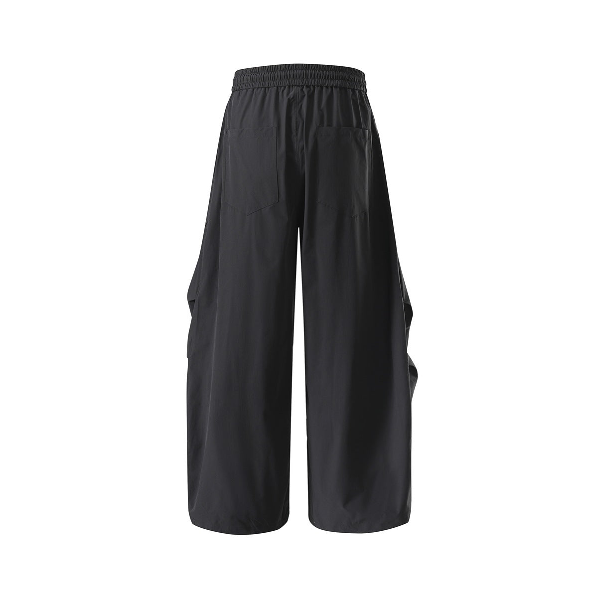 Black wide-leg pants back view with elastic waistband and two patch back pockets