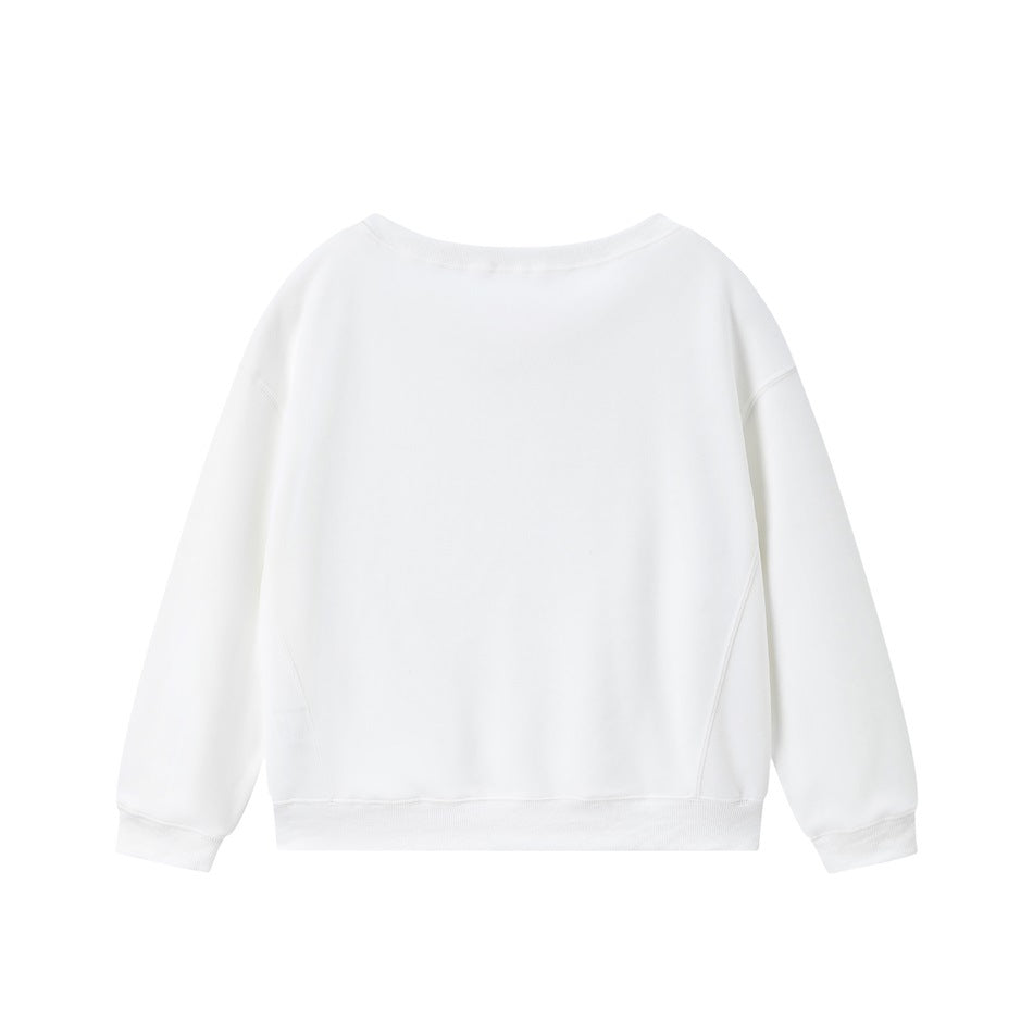 Back view of white crewneck sweatshirt with plain back, panel seam, ribbed cuffs and hem