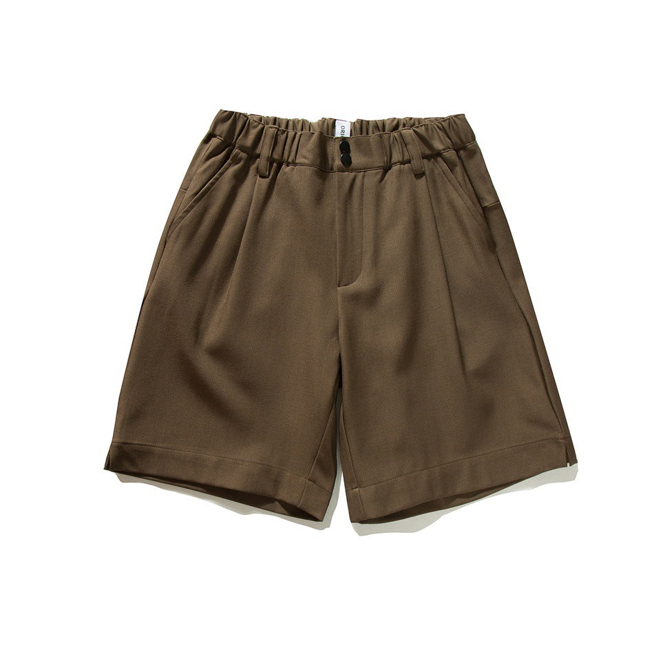 Brown knee-length shorts with elastic waistband, two buttons, front pockets and pleats, flat lay front view