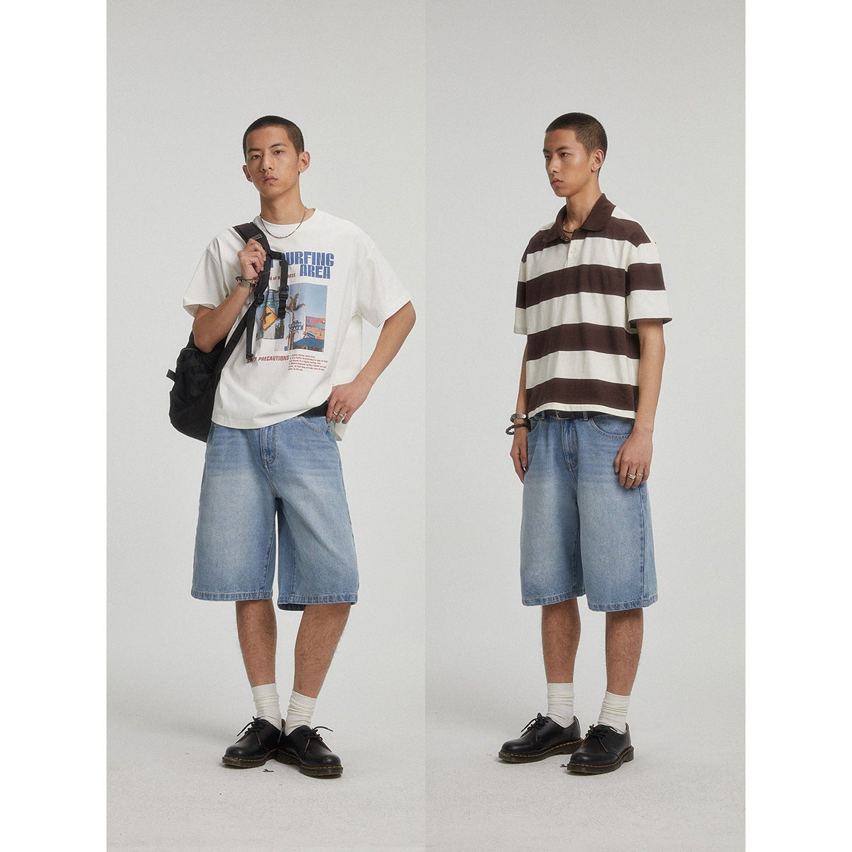 Two modeled outfits: a white graphic T-shirt and denim shorts, and a brown-and-cream striped polo with denim shorts.