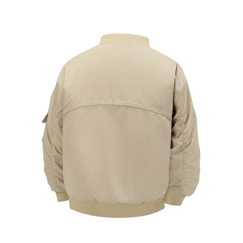 Khaki bomber-style jacket, back view, with ribbed collar and hem, curved yoke seam and ruched sleeves