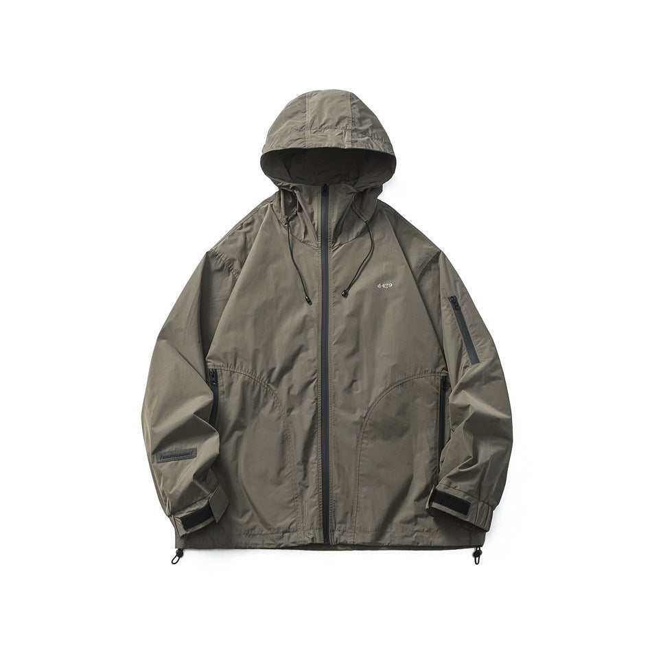 Olive gray hooded zip jacket flat lay front view with drawcord hood, zippered pockets and sleeve pocket