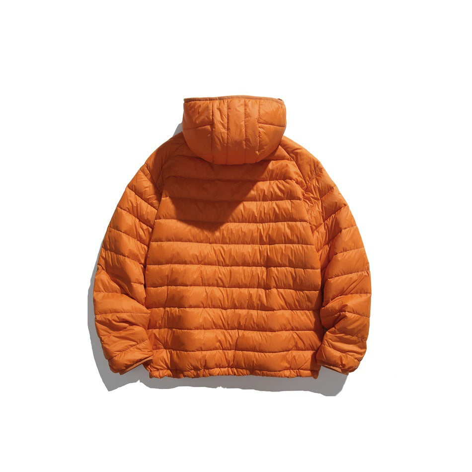 Orange hooded quilted puffer jacket, back flat view showing horizontal quilting and gathered hem