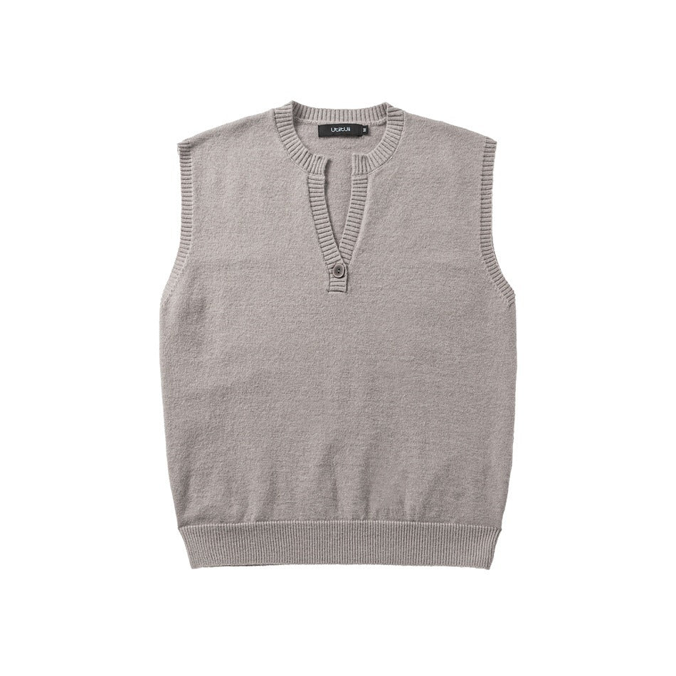 Gray khaki sleeveless knit vest with split V-neck, single button and ribbed trim, flat front view