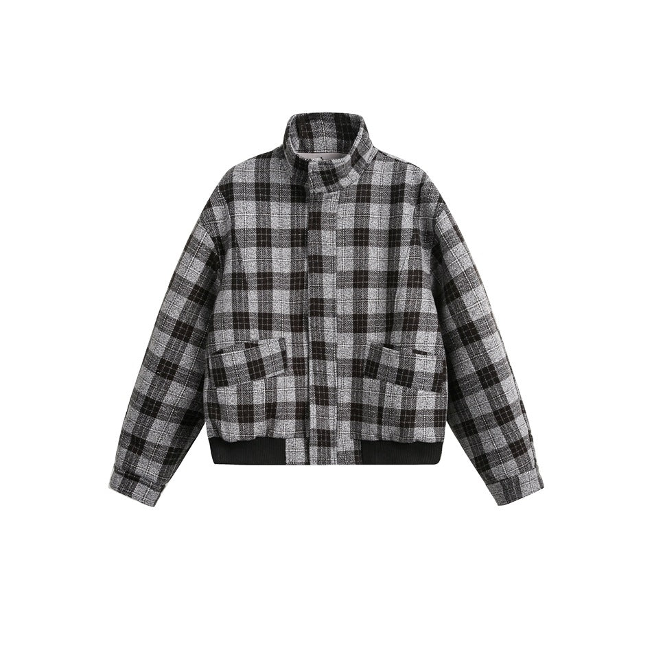 Front view of a gray-and-black plaid jacket with a stand collar, zip closure, two front pockets, and black ribbed hem.