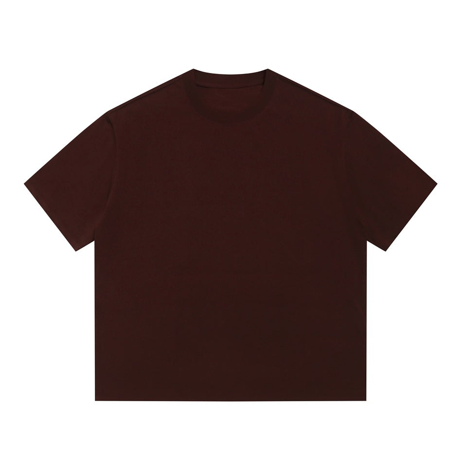 Burgundy short-sleeve crew neck T-shirt, flat front view on a white background