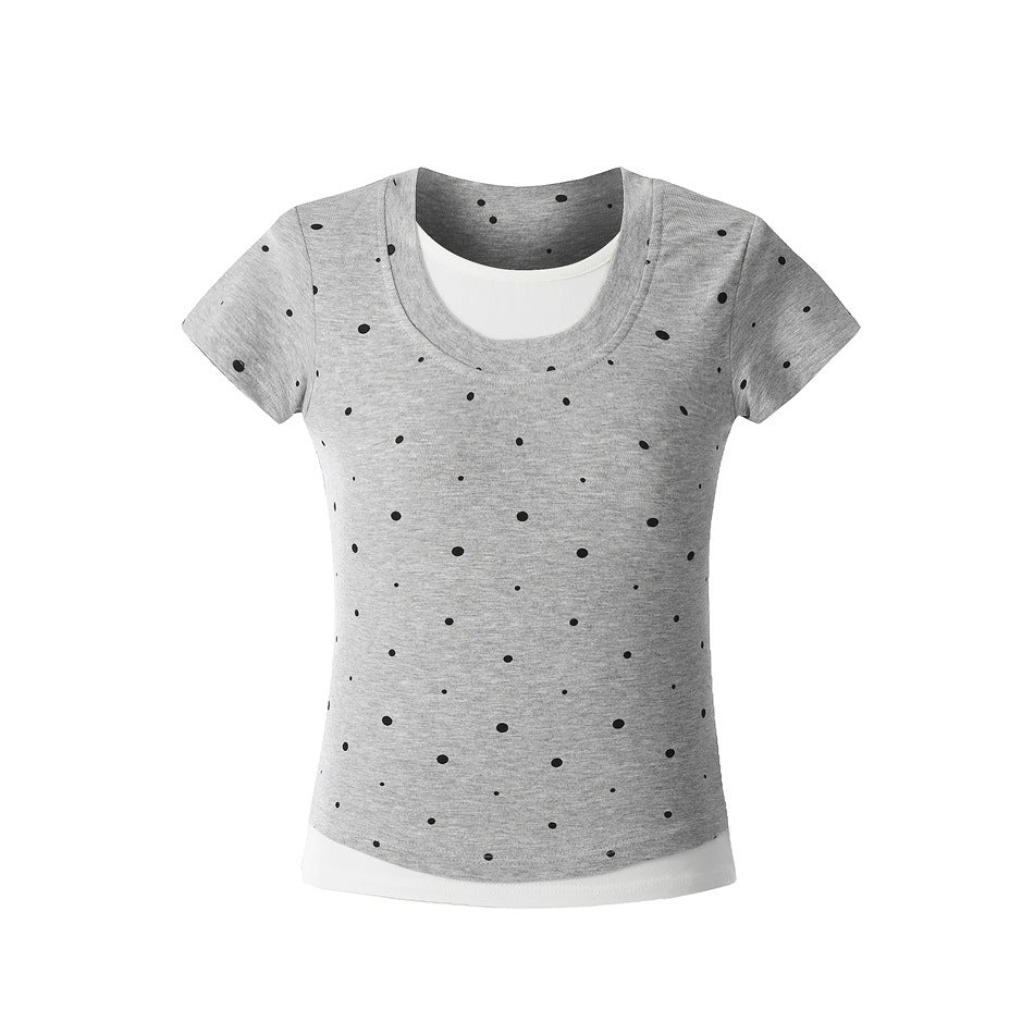 Heather gray short-sleeve scoop-neck top with black polka dots and white layered neckline and hem, flat front view