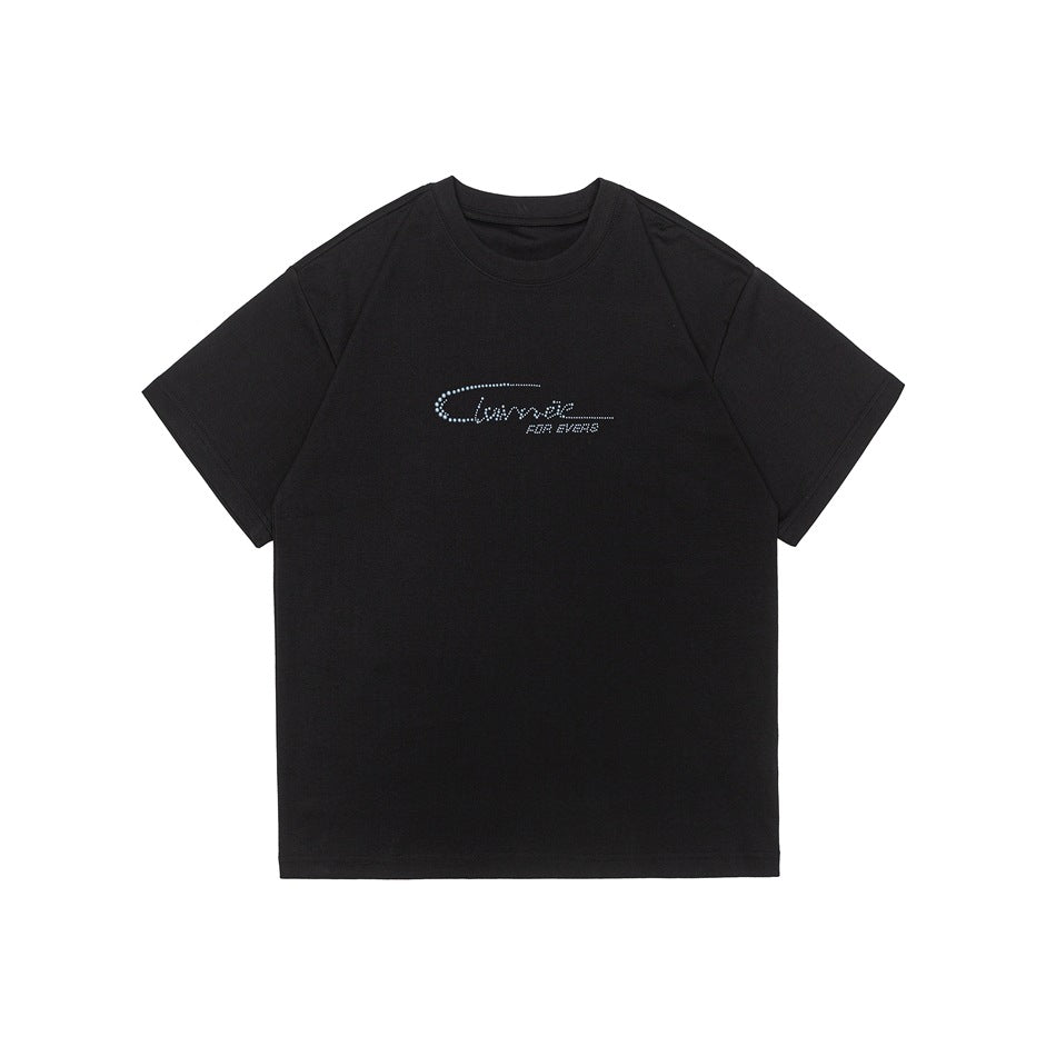 Black short-sleeve crew-neck T-shirt with a small light blue dotted script graphic on the chest, flat lay front view