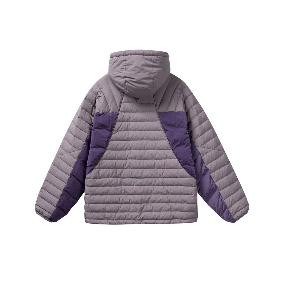 Back view of a lavender-gray quilted hooded jacket with deep purple side panels and sleeves.