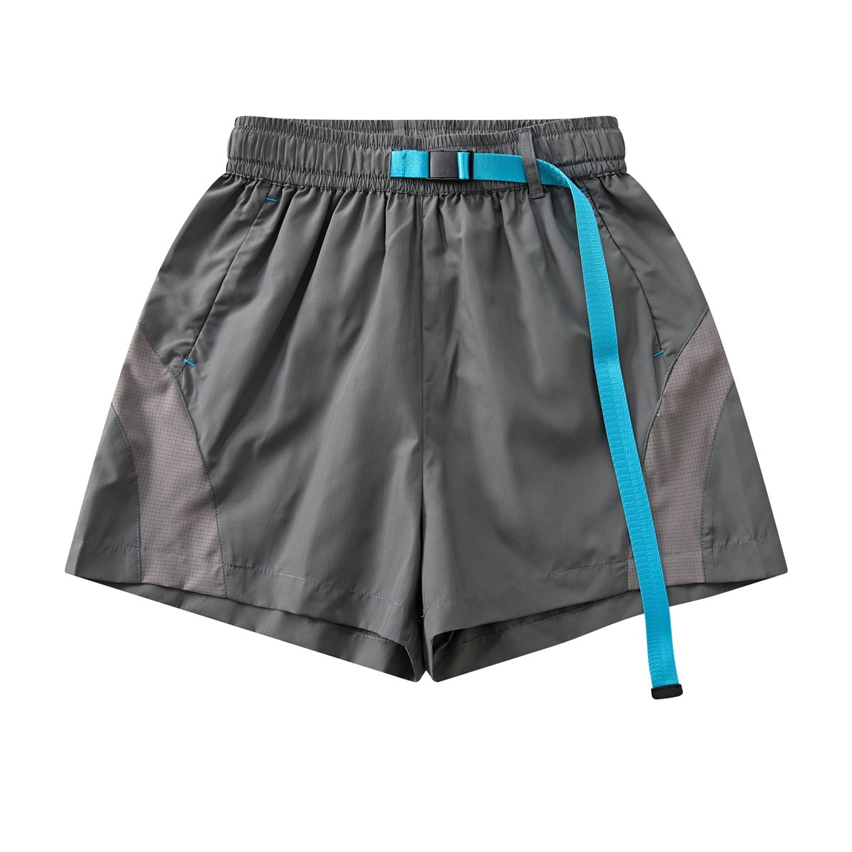 Dark gray shorts with gray side panels, elastic waist and turquoise buckle belt, flat lay front view