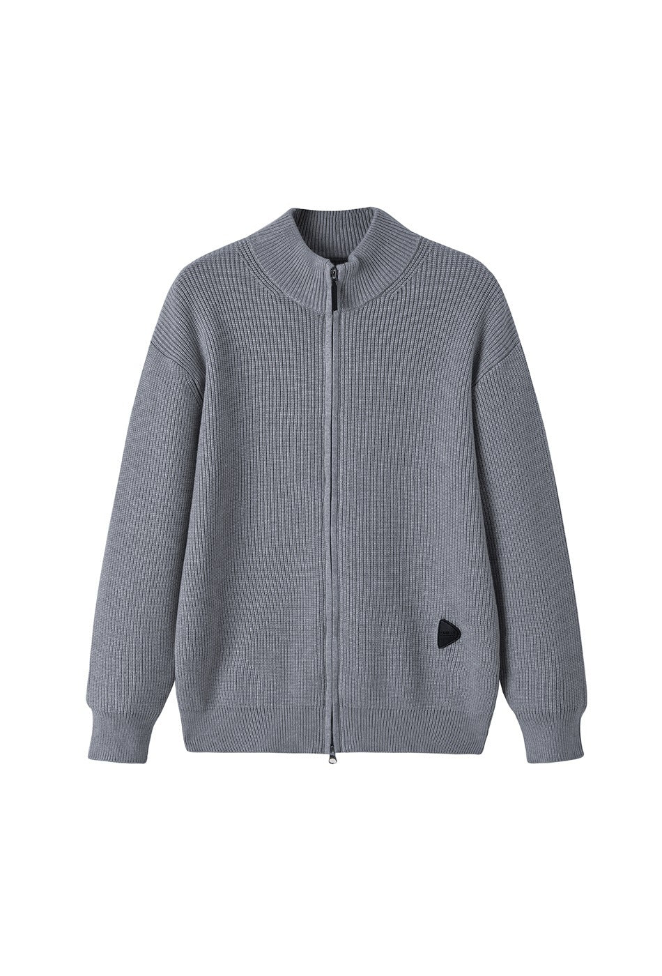 Slate-gray rib-knit cardigan with a stand collar, full-length zipper, long sleeves, and small dark patch.