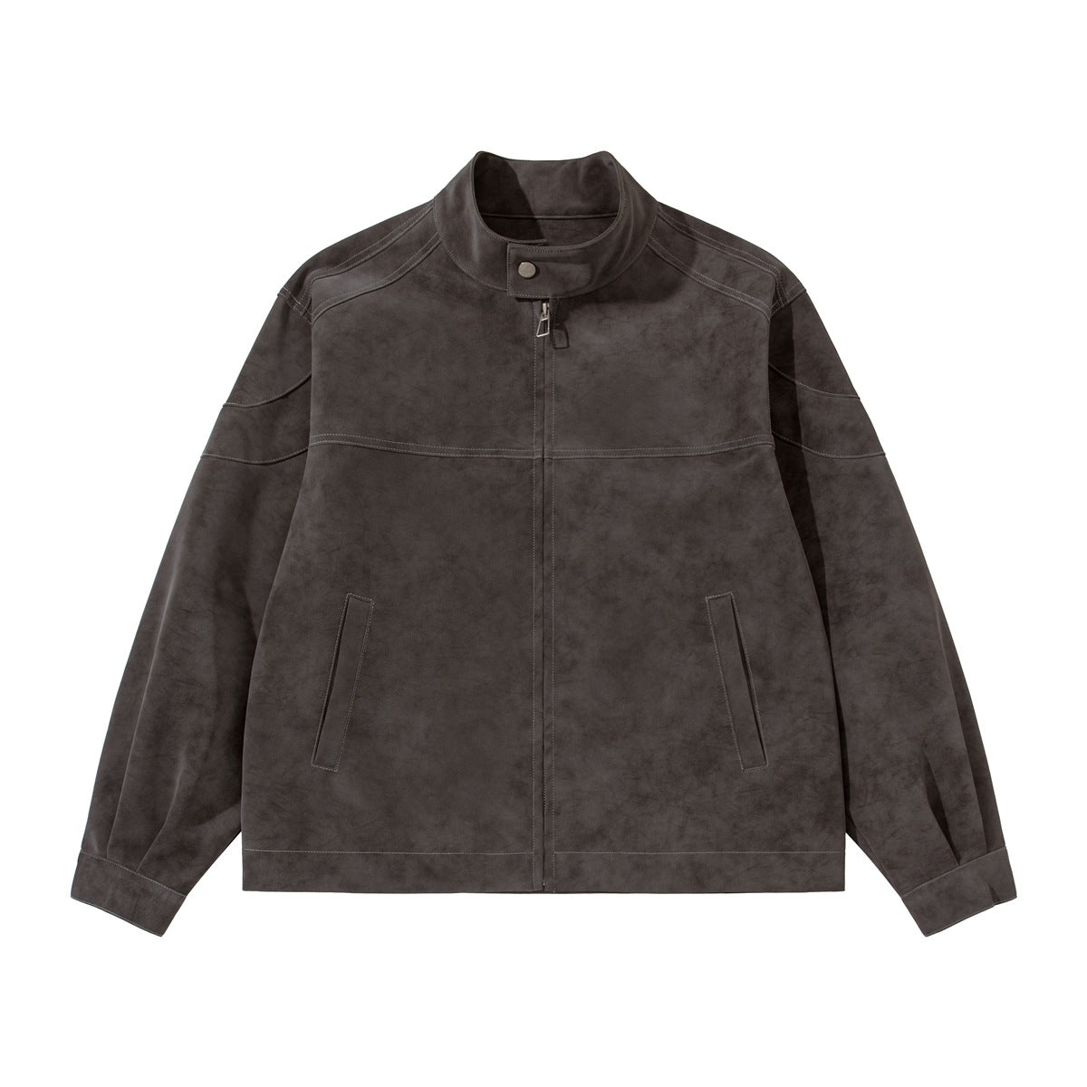 Brown suede-look stand-collar zip jacket with contrast topstitching, flat front view