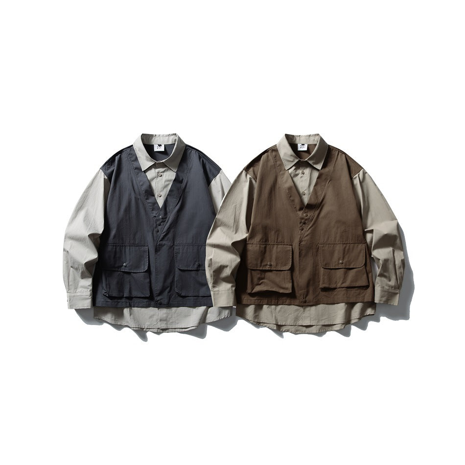 Two layered shirt-and-vest outfits laid flat: one with a dark navy vest and one with a brown vest, both with taupe sleeves.