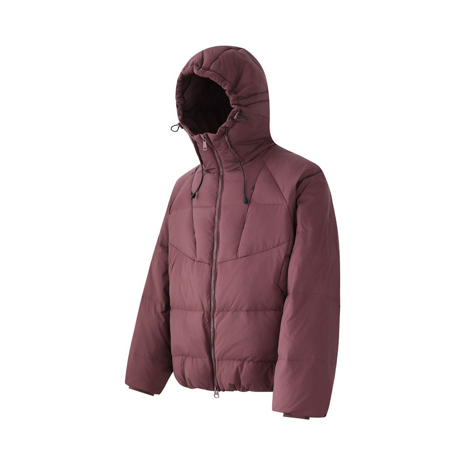 Mauve hooded puffer jacket shown from the front at an angle, with a zip closure and adjustable hood.