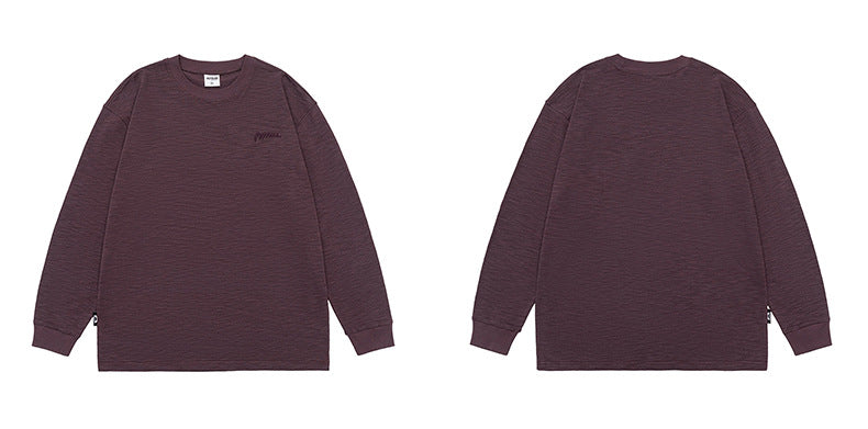 Flat display of a plum long-sleeve shirt, with front and back views side by side.