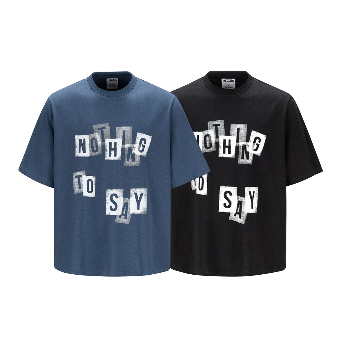 Front view of slate-blue and black short-sleeve T-shirts with distressed white letter graphics.