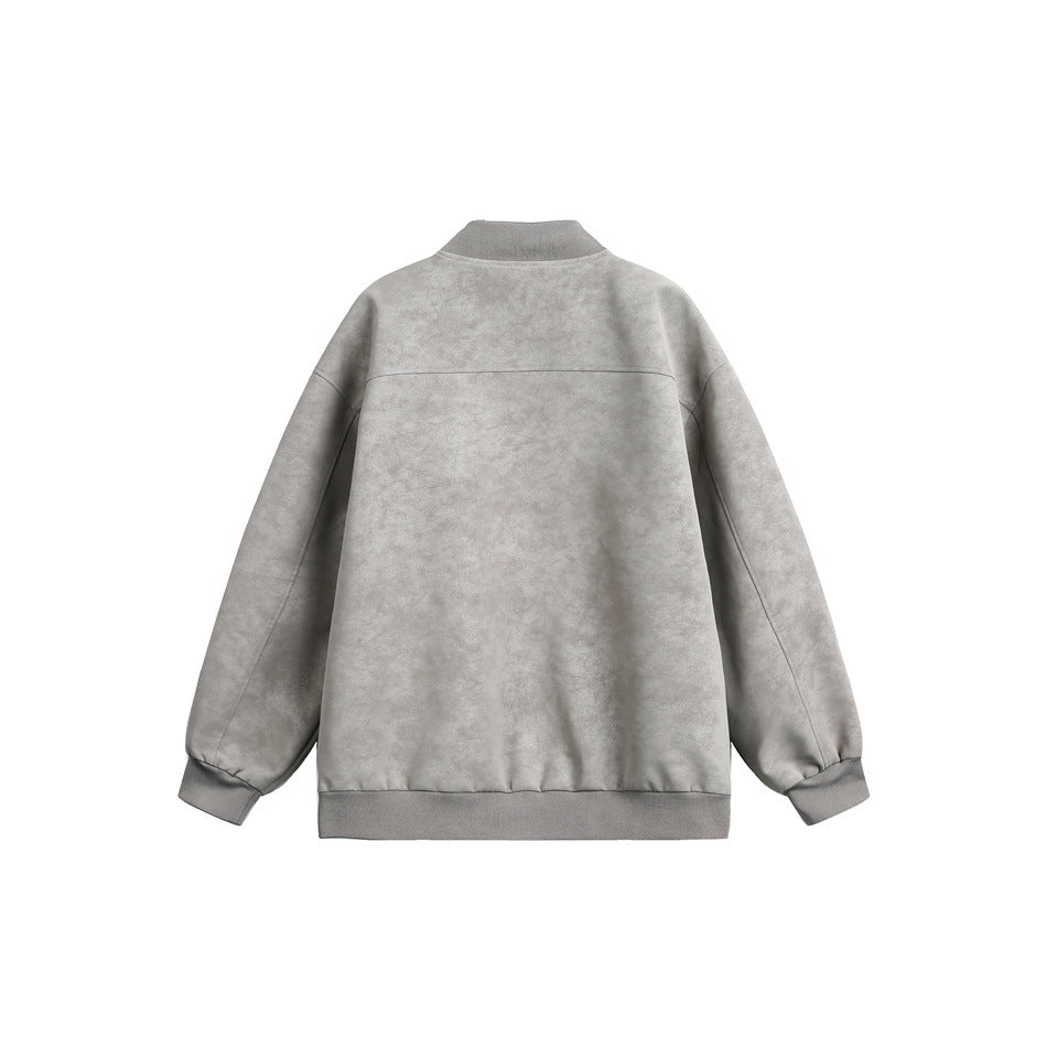 Back view of a light gray bomber jacket with a horizontal shoulder seam and ribbed collar, cuffs, and hem.