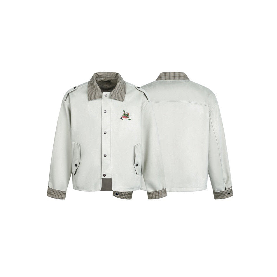 Pale gray jacket shown from front and back, with checked collar and cuffs, snap buttons, pockets, and a small chest