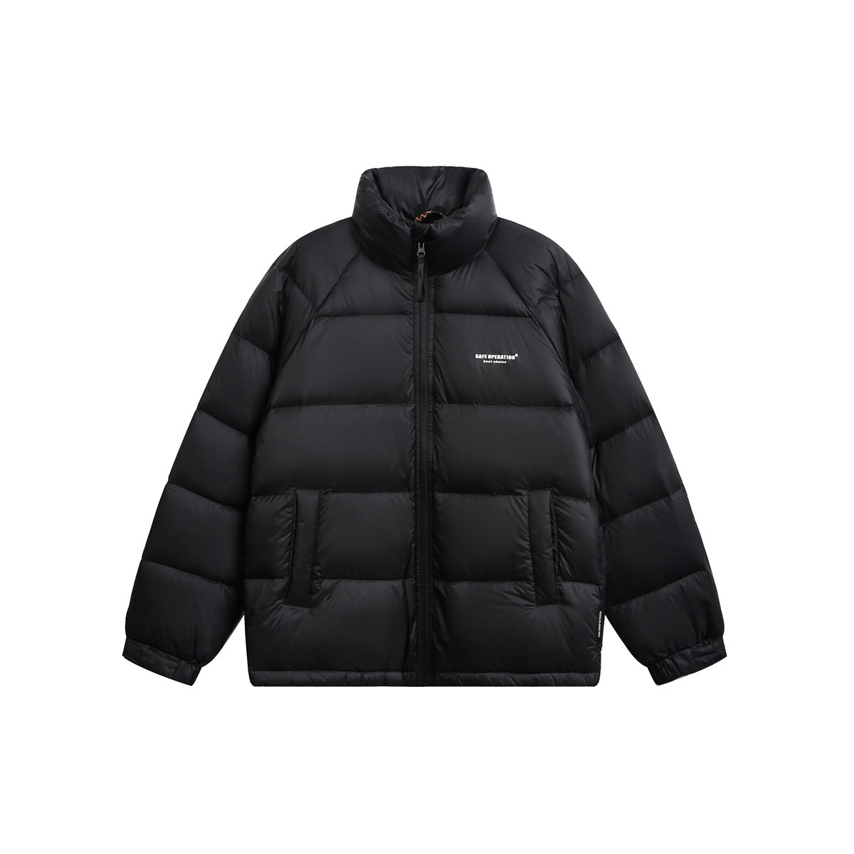 Black quilted puffer jacket with stand collar, front zip and two front pockets on a white background