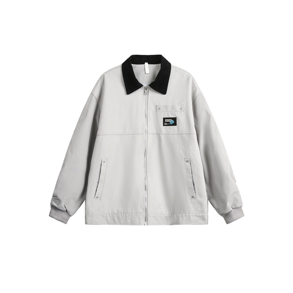 Gray zip-front jacket with black corduroy-look collar, chest pocket, stud pockets and ribbed cuffs, flat front view