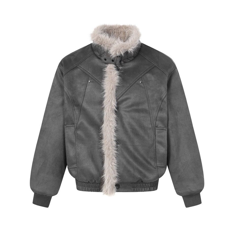 Gray suede-look bomber jacket with taupe faux-fur collar and front trim, flat front view