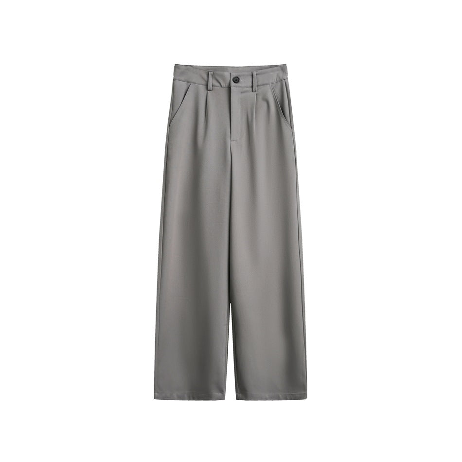 Gray wide-leg trousers flat lay, front view, with belt loops, button closure, front pleat and slant pockets