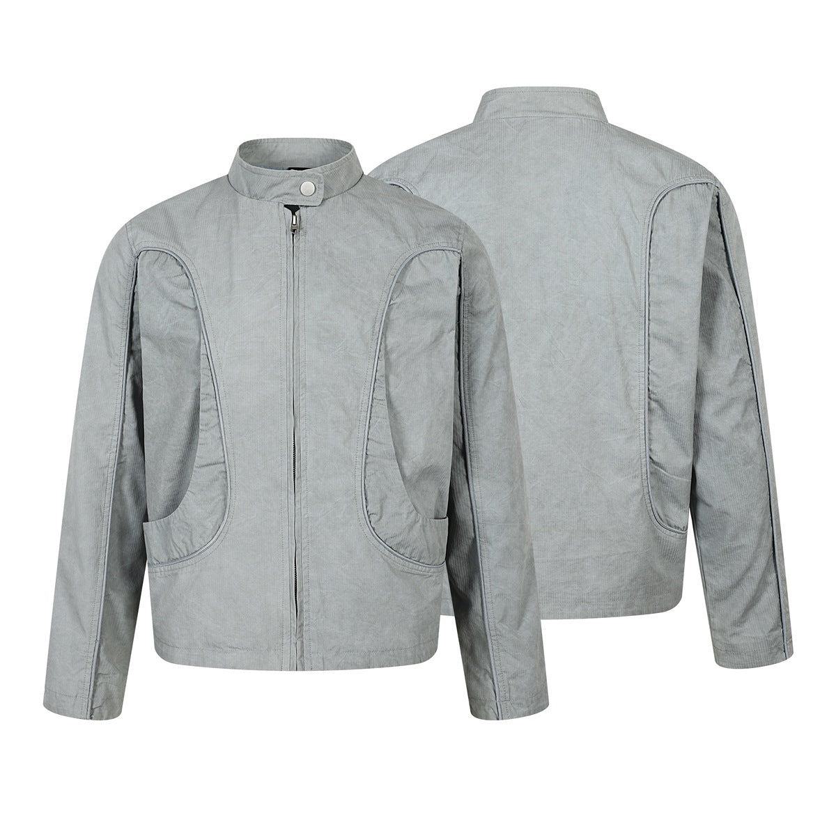 Light gray stand-collar jacket shown from the front and back, with a front zipper and large curved front pockets.