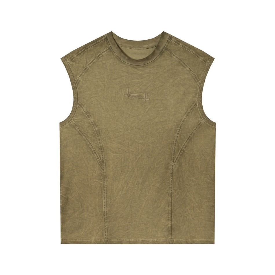 Olive green washed sleeveless crew-neck vest, front view, with curved seam lines and small chest mark