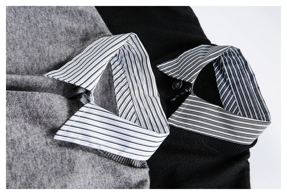 Close-up of gray and black knit sweaters showing their contrasting striped shirt collars.
