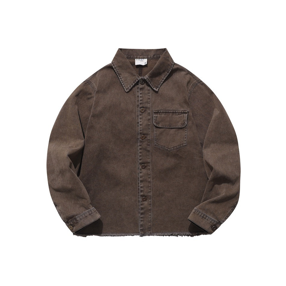 Brown washed button-front shirt jacket with chest flap pocket and frayed hem, front view