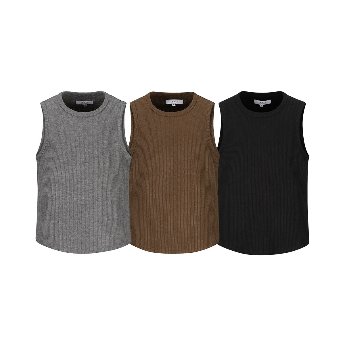 Front view of three sleeveless ribbed tank tops in gray, brown, and black.