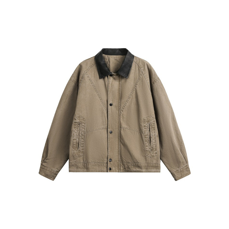 Khaki canvas-style jacket with black contrast collar, snap front and angled side pockets, flat lay front view