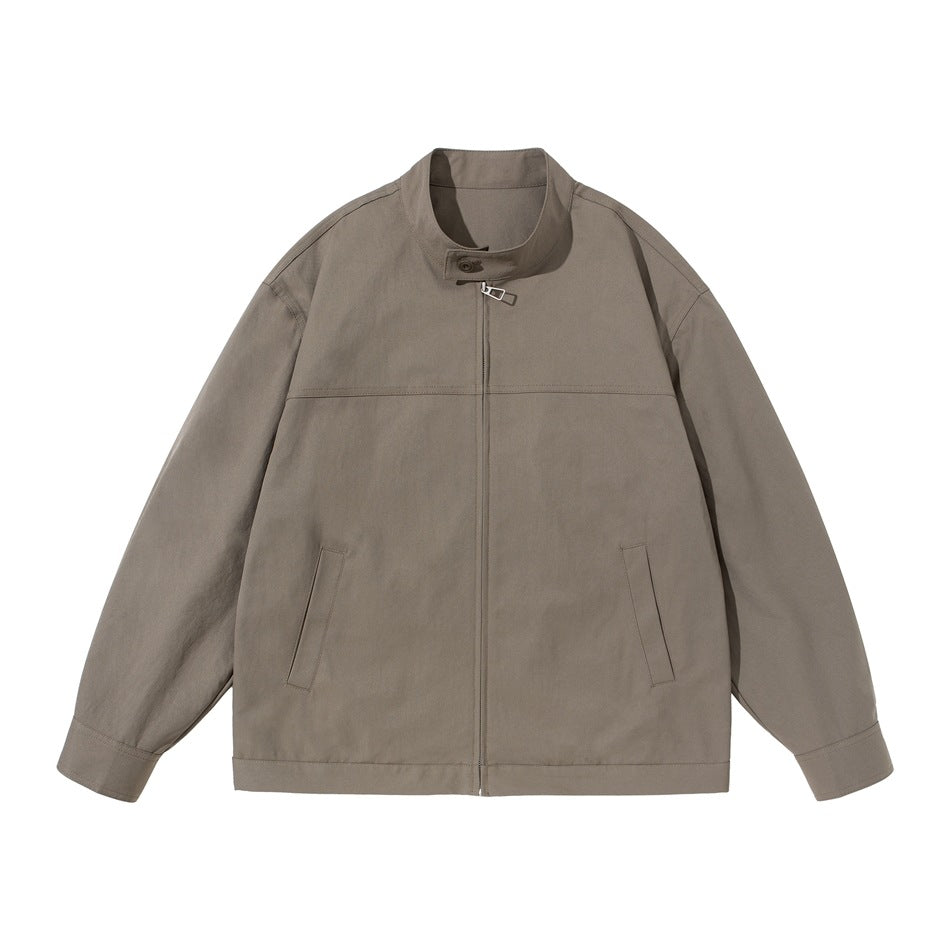 Khaki stand-collar zip jacket flat lay, front view with neck clasp, yoke seam and slanted pockets