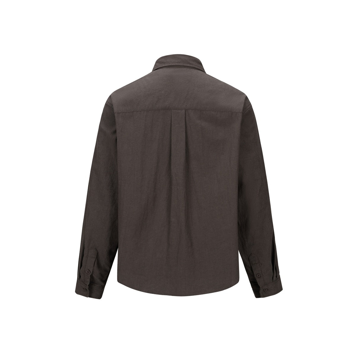 Dark brown long-sleeve button-up shirt shown from the back, with a center back pleat.