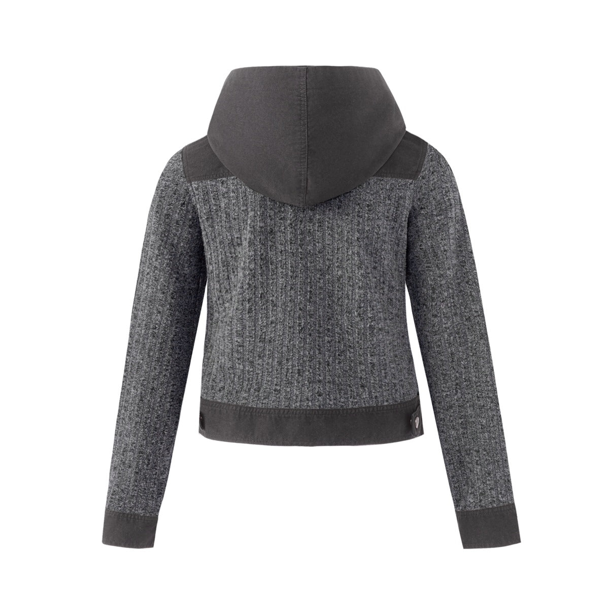 Back view of a charcoal gray ribbed hooded jacket with dark hood, shoulder panels, cuffs and hem.