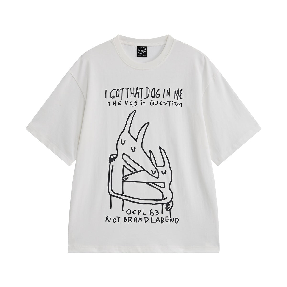White short-sleeve crew-neck T-shirt with black hand-drawn dog graphic and slogan text on the front