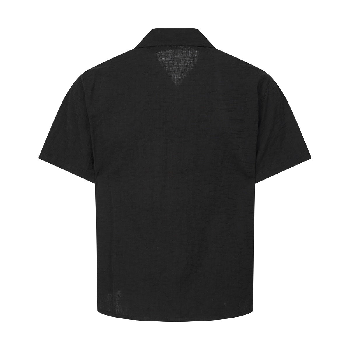 Back view of a black short-sleeve button-up shirt with a notched collar.