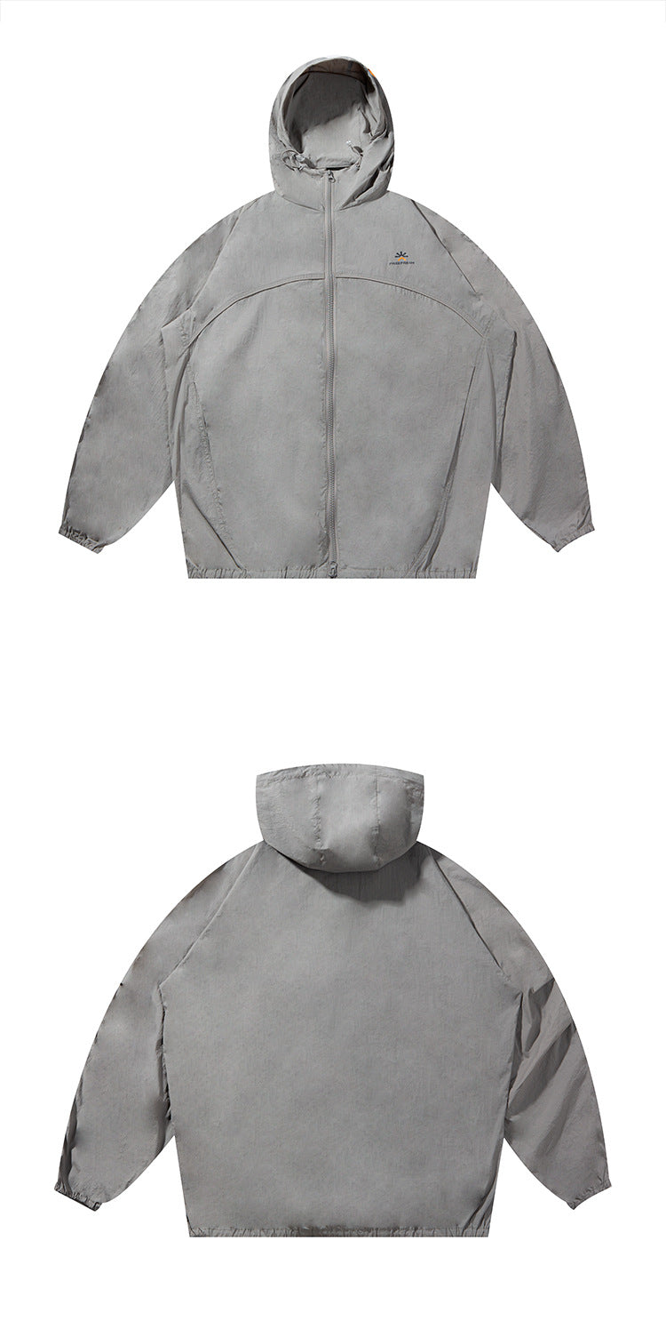 Front and back views of a light gray hooded jacket with a full zipper and small chest logo.