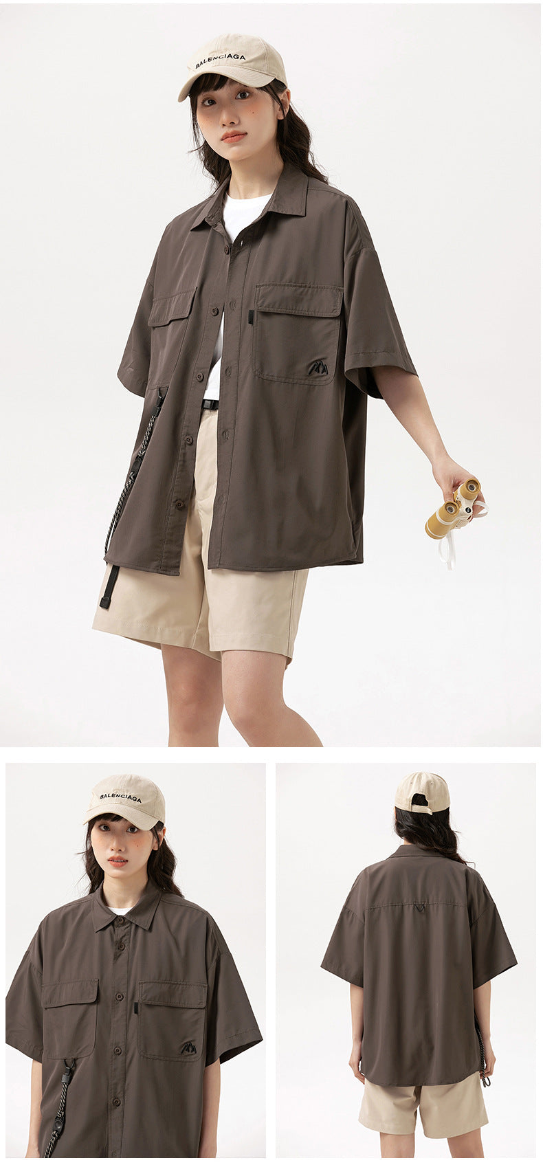 Model wearing an oversized brown short-sleeve button-up shirt with two flap chest pockets and a hanging cord.