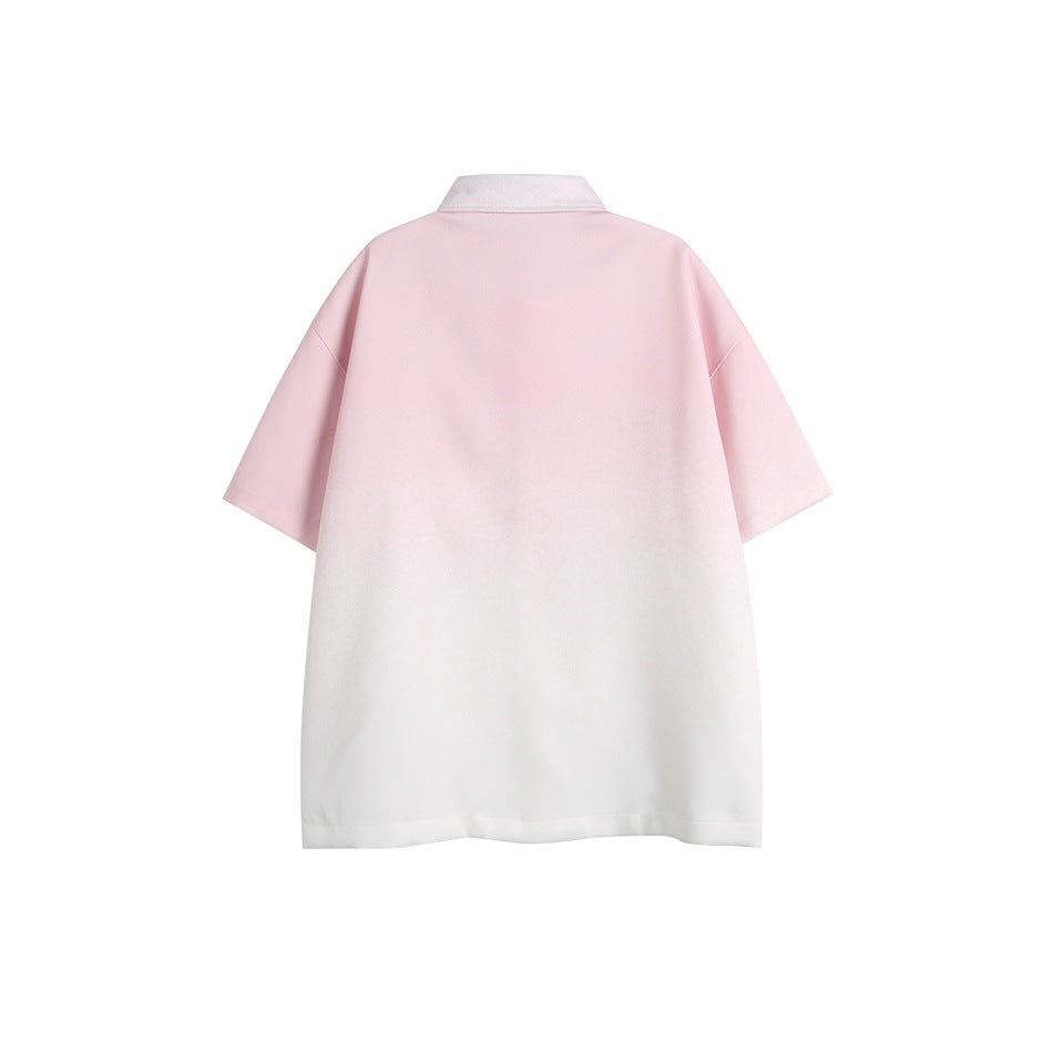 Back view of a pink-to-white gradient short-sleeve collared shirt.